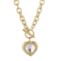 Gold-plated stainless steel OT toggle necklace with a transparent heart-shaped zircon pendant - Gold Clear Heart (KN19300-Z)