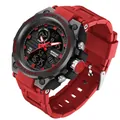 Black and red dual display sports watch with 50m water resistance and resin strap - Red