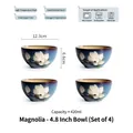 Set of 4 Japanese ceramic bowls in reactive blue glaze with hand-painted magnolia patterns - Set of 4 / 4.8 Inch / Magnolia