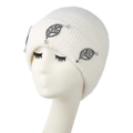 White knitted beanie for women featuring leaf-shaped crystal rhinestones and soft fur texture - White