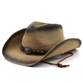 Detail of western straw hat featuring a metal bull head emblem and beaded strap - M (56-58cm) / Khaki Gradient Black