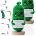 Handmade crochet emotional support pickle doll with motivational card and wooden base - Light Green Pickle With Base