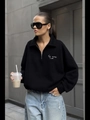 Minimalist black quarter-zip sweatshirt with chest embroidery and drop shoulder design - S / Black (Thin)