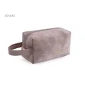 Khaki velvet makeup bag with gold embroidery and top zipper handle for storage - Handbag Style / Khaki