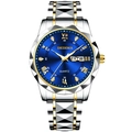 Montre à quartz lumineuse avec cadran bleu, bracelet en acier doré et affichage date - Bracelet Or Cadran Bleu Hommes
