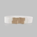 Detail view of the white elastic waist belt with a square gold metal buckle clasp - 19208 White-Geometric Square Buckle