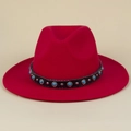 Detailed close-up of red felt fedora hat featuring a turquoise and silver studded band - M (56-58cm) / Red
