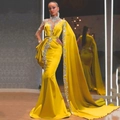 Elegant yellow sequin mermaid evening gown with silver crystal bodice and flowing cape - S / Yellow