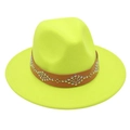 Detailed macro view of the neon yellow wool fedora hat with silver studded leather band - M (56-58cm) / Fluorescent Green
