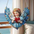Close-up of colorful acrylic angel suncatcher with blue wings and red heart detail - Angel Heart-OPP Bag