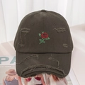 Detail of embroidered rose pattern and vintage distressed rips on a baseball cap - One Size / Coffee