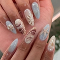 Ocean shell press-on nails with blue and beige starfish and 3D floral pearls - K067【30pcs】 / Boxed (jelly Gel + Granules)