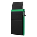 Detailed side view of green aluminum RFID card holder with black elastic pocket and pop-up mechanism - Side-push Green + Black Flat Sticker