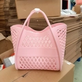 Pink hollow jelly tote bag in silicone material with diamond geometric cutout pattern - Pink