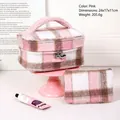 Set de neceser de maquillaje de cuadros rosas en piel sintética con asa superior - Rosa