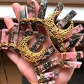 Detail of handmade gold crescent moon crown with pink and black natural mineral stones - Gold Headband/Large Gold Moon/Rhodochrosite Crystal