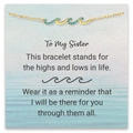 Pulsera de ola dorada con cristales azules sobre tarjeta de regalo personalizada - Hermana