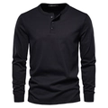 Dettaglio maglia Henley nera a maniche lunghe con scollatura a tre bottoni e tessuto a maglia - XS / Nero