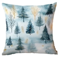 Blue Christmas pillow cover with watercolor pine trees and snowy forest print - Blue Pine Forest