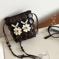 Handmade bohemian crossbody bag with coconut shell discs and woven floral details - Necklace-Dark Coffee-White