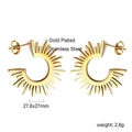 Detail of 18k gold plated sunburst C-shaped earrings with size 27.6x27mm specifications - Sunburst Design Ear Buckle (EA572301G)
