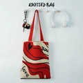 Beige knitted tote bag with red wave patterns and Love You text embroidery - Cream Red Lips