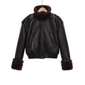 Women's vintage black faux leather jacket featuring a contrast brown faux fur collar - XS / Black