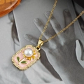 Collier pendentif tournesol vintage avec émail rose et perle sur chaîne dorée - Collier Tournesol - Rose