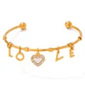 Gold stainless steel open bangle with LOVE letter charm and sparkling heart pendant - Gold (KAS858)