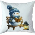 Housse de coussin de Noël blanche avec un bonhomme de neige lisant près d'une lampe - Style 29