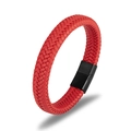 Detail shot of a red braided leather bracelet featuring a sleek black metal magnetic clasp - Red Leather/Black Clasp