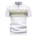 Detail eines Herren-Poloshirts mit beigen Streifen und gewelltem Strickgewebe - S / Weiß