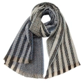 Detail of blue, beige, and grey striped knitted scarf with soft fringed edges - Blue / 185x65cm
