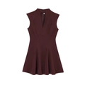 Sleeveless deep wine red crepe mini dress with V-neckline in a 3D ghost mannequin view - XS / Coffee