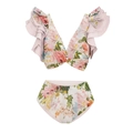 Detailed view of floral bikini set with pink layered ruffles and high waist bottoms - S / Ruffled 2-Piece Bikini Set
