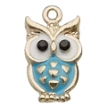 Golden owl pendant with blue enamel belly and black rhinestone eyes for jewelry making - Lake Blue