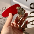 Golden hair clip with red velvet base featuring a harp pattern and tassel chains - Wine Red Metal Tassel BB Clip