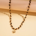 Tiger eye beaded necklace with 18k gold plated heart pendant on minimalist display - Necklace-Brown-Heart (Gold Plated)