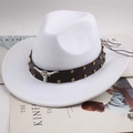 White wide brim felt fedora hat featuring a brown leather band and silver bull head - Riveted Bull Head / White