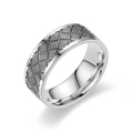 Detail shot of men's titanium steel ring featuring geometric grid engraving and polished inner - US 6 / Cross Pattern