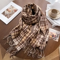 Brown and beige plaid winter scarf with fringes on a cozy wooden table setup - Brown & Beige Plaid Type 3 (WT143-4)