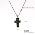 Detail view of titanium steel cross pendant necklace showing dimensions and silver-black stripes - 445-Silver & Black Striped