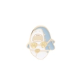 Detailed view of a cute cartoon shark enamel pin with a yellow shell bikini top - Bikini Shark Style (C1403-4)
