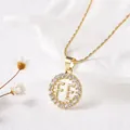 Gold plated bead chain necklace with round FE initial pendant and cubic zirconia - Style D - Gold Round FE Letter with White Zirconia