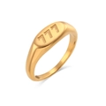 Macro shot of 18K gold plated stainless steel signet ring featuring lucky number 777 engraving - Angel Number 777 (Oval)