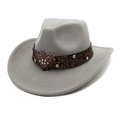 Close-up of embossed leather belt with rhinestone heart buckle on grey cowboy hat - M (56-58cm) / Light Gray