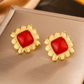 Macro shot of retro square red resin studs with 18K gold-plated floral edge detail - Gold/Red (E-308)