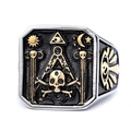 Two-tone stainless steel skull ring with masonic symbols and eye of providence motif - US 11 / Two-tone Three-color Style (19501)