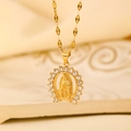 Golden horseshoe cross pendant necklace with Maria relief and cubic zirconia details - Middle KC Gold (N-1060)