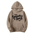 Khaki Spooky Vibes printed hoodie featuring a front kangaroo pocket and drawstring hood - Camel
